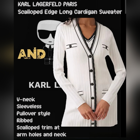 KARL LAGERFELD Paris BOTH Scalloped Edge Long Cardigan Sweater (S) & Tank Top(M) - Picture 1 of 5